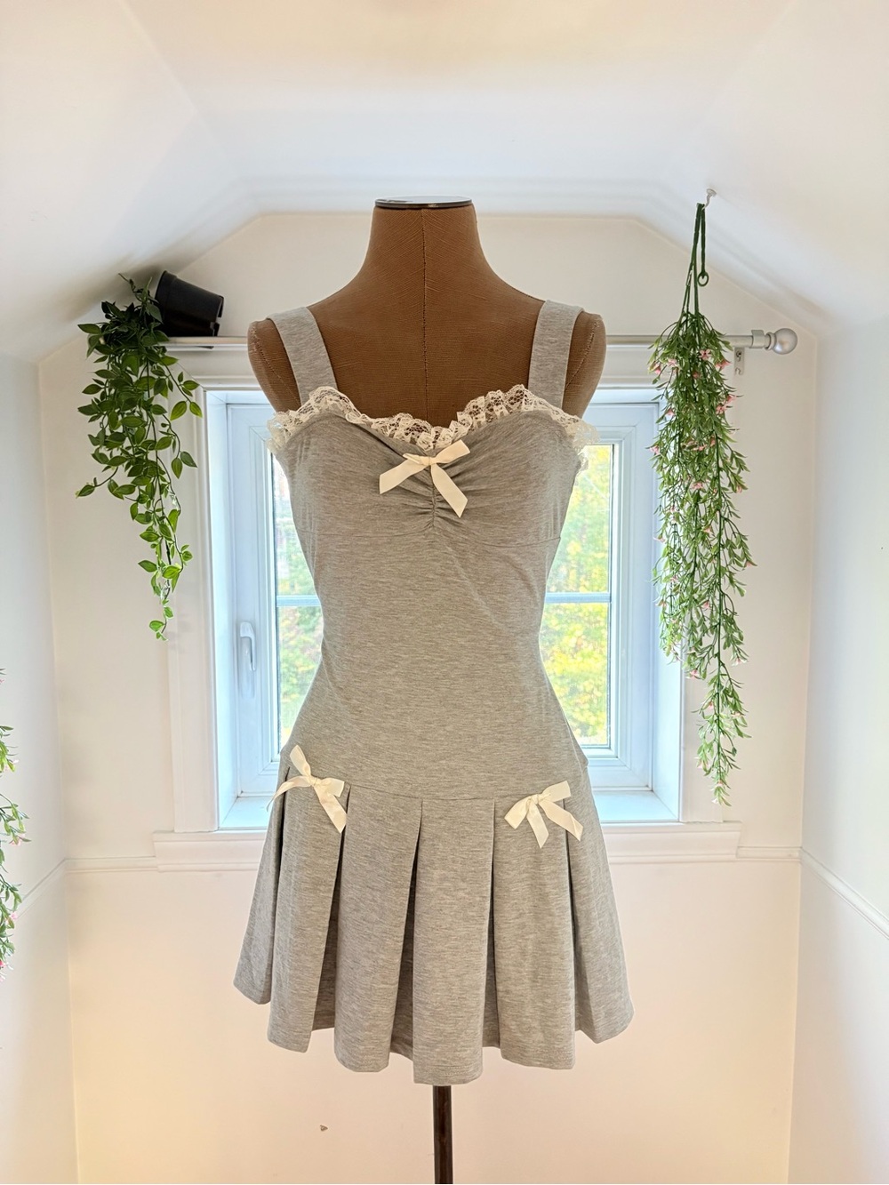 Lace-Trim Bow Detail Grey Dress